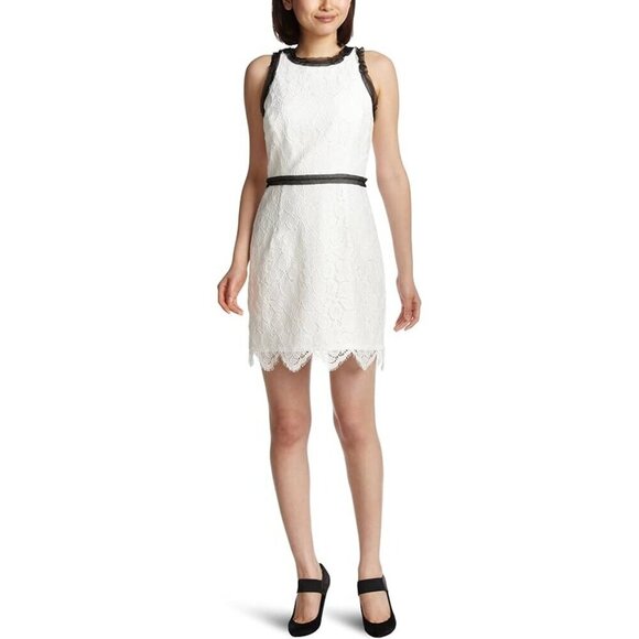 Milly Sleeveless White Lace Dress Black Tulle Trim Exposed Zipper Mini Dress 6 - Picture 3 of 10